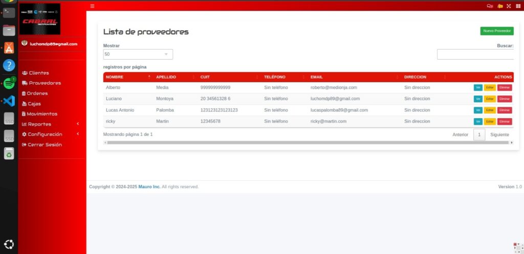 Vista del CRM presentada en el portfolio de Cabral Rectificaciones